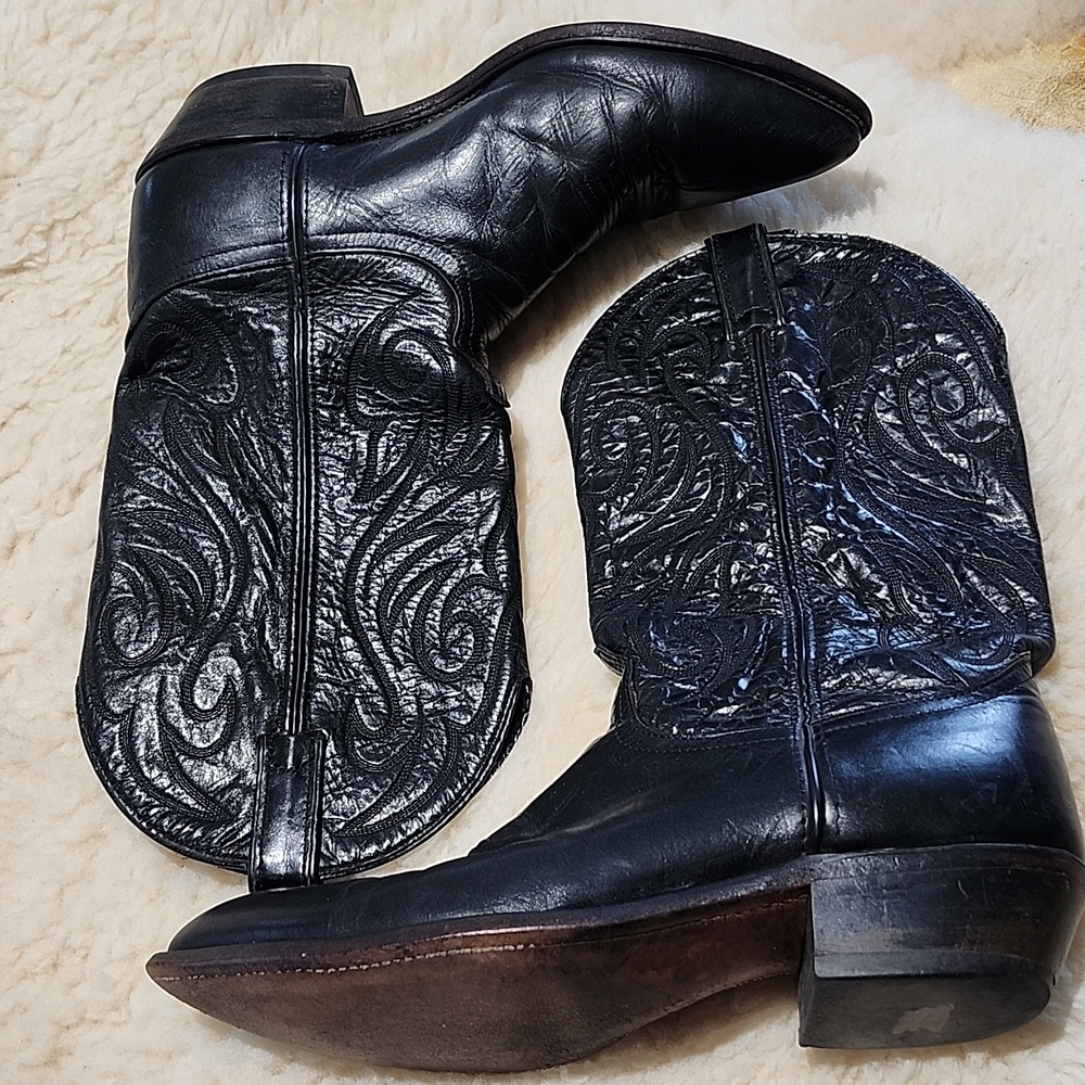 Classic Black Embossed Leather Cowboy Biker Boots 10.5 M